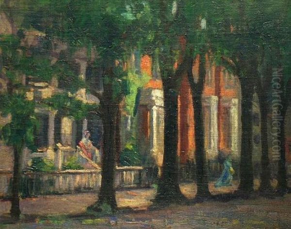 Tree-lined Street Scene Oil Painting by Albert Lorey Groll