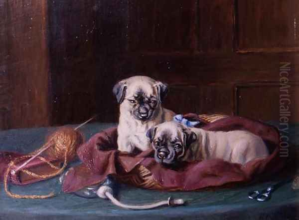 Pug Puppies in a Basket Oil Painting by Horatio Henry Couldery