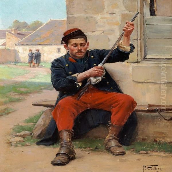 A French Soldier Cleaning His Rifle Oil Painting by Paul Louis Narcisse Grolleron