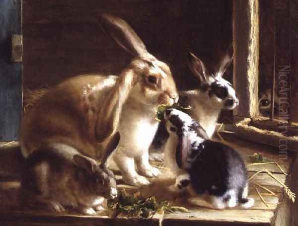 Long-eared rabbits in a cage, watched by a cat Oil Painting by Horatio Henry Couldery