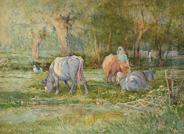 Cattle In A Field Oil Painting by Ferdinand E. Grone