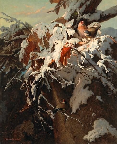 Songbirds In The Snow Oil Painting by Theude Gronland