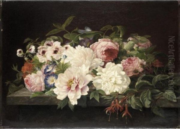 Still Life Of Flowers On A Marble Ledge by Theude Gronland