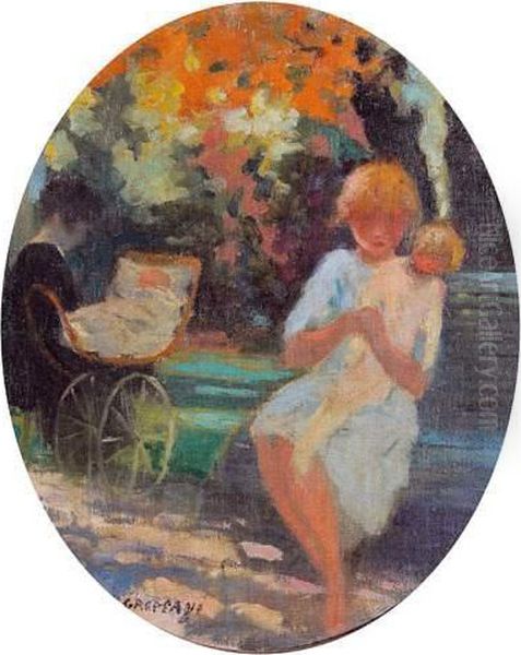 Femme Et Enfant Sur Un Banc Dans Un Parc. Oil Painting by Nicolae Gropeano