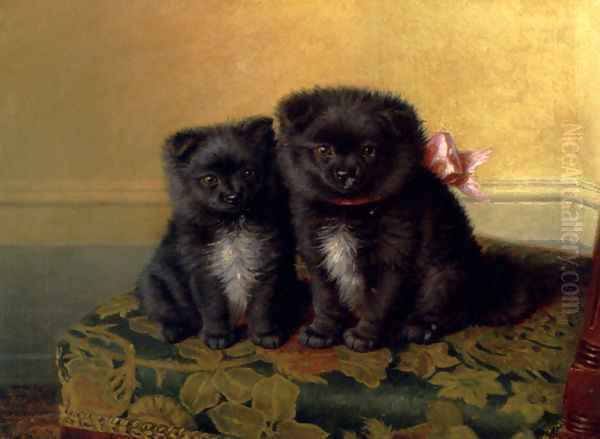 Two Chow Pups Seated On A Chair In An Interior Oil Painting by Horatio Henry Couldery