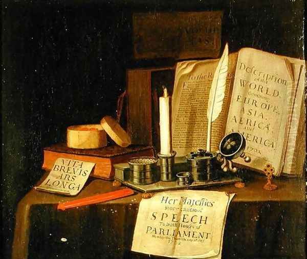 A Trompe L'Oeil With A Pewter Ink Stand, Books And Papers, 1702 Oil Painting by Edwart Collier