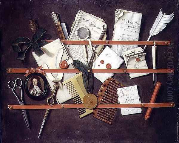 Trompe l'oeil letter rack with a miniature portrait of a young man in armour, 1697 Oil Painting by Edwart Collier