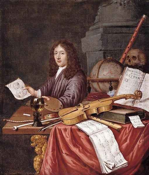 Self-Portrait with a Vanitas Still- Life 1684 Oil Painting by Edwart Collier