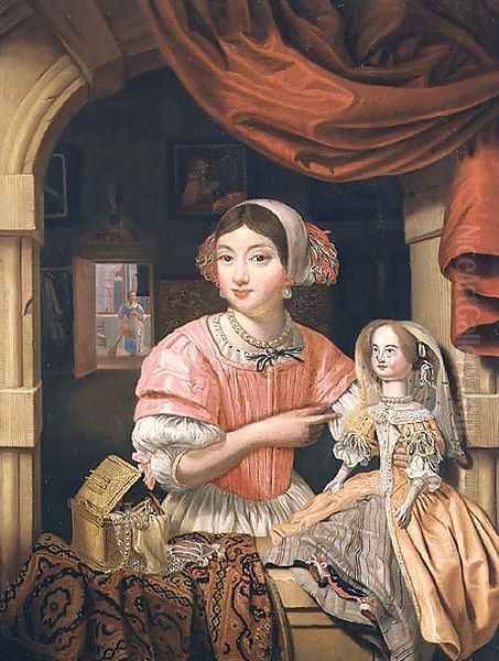 Girl holding a doll in an interior with a maid sweeping behind Oil Painting by Edwart Collier