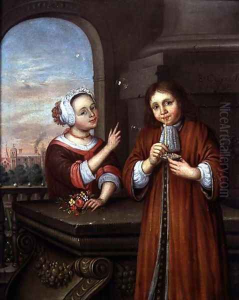 Girl pointing at a boy blowing bubbles in an architectural setting Oil Painting by Edwart Collier