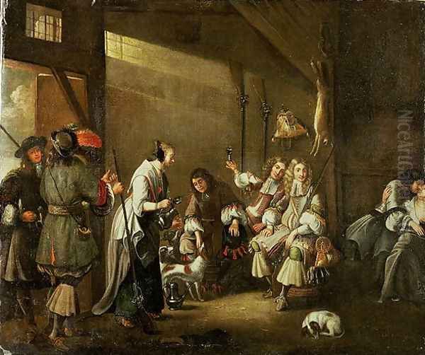 Cavaliers and Companions Carousing in a Barn Oil Painting by Edwart Collier