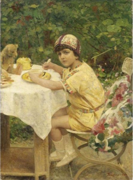 Colazione All'aria Aperta. Il Nipote Giacomino In Giardino Oil Painting by Giacomo Grosso