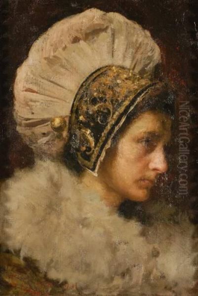 Studio Per Signora Con Cuffia Di Piume Oil Painting by Giacomo Grosso