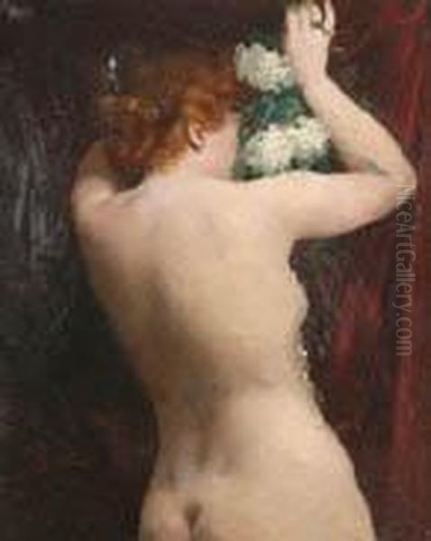 Nudo Di Donna Di Spalle Con Fiori Oil Painting by Giacomo Grosso