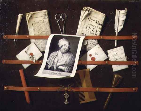 Trompe l'oeil letter rack with a print of a woman and a Parliamentary speech of 1704 Oil Painting by Edwart Collier