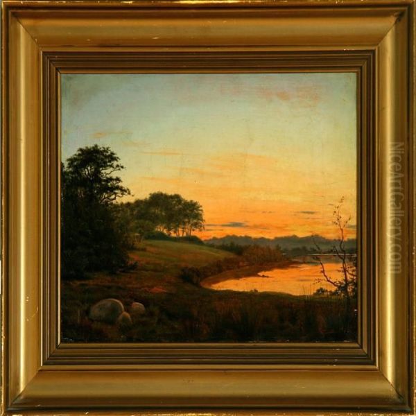 Sunset On A Calm Evening At Bagsvaerd Lake, Denmark. Signed And Dated V. Groth 1865 Oil Painting by Vilhelm Georg Groth