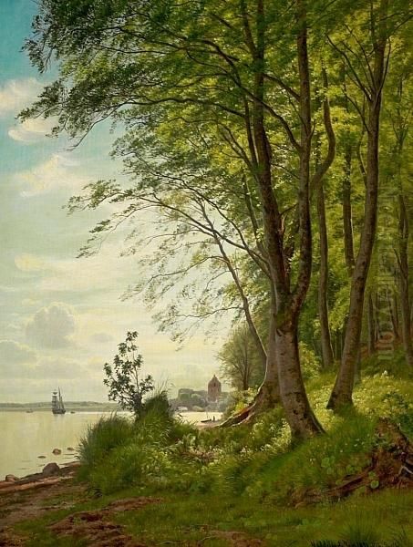 Scene From Kongebroskoven By Middelfart, Denmark. Signed Aand Dated Vilh. Groth 1875 Oil Painting by Vilhelm Georg Groth