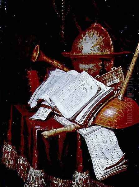 Vanitas with a globe, musical scores and instruments, 1692 Oil Painting by Edwart Collier