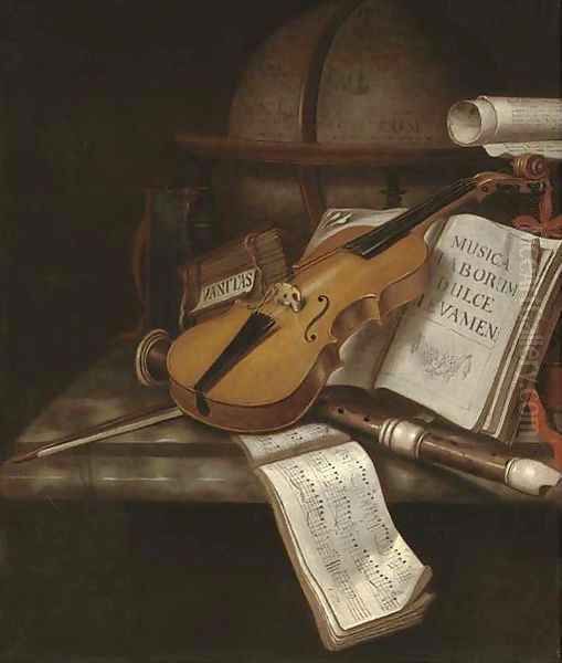 A vanitas still life with a violin, a recorder, books, a scroll and music with a globe on a marble ledge Oil Painting by Edwart Collier