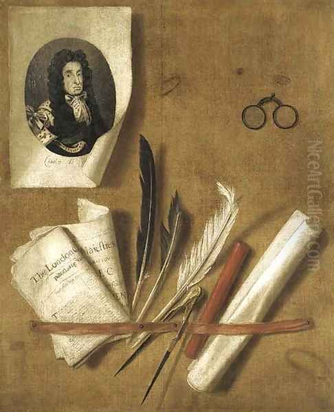 A trompe l'oeil still life of an engraving of King Charles II, newspapers, feathers, a compass, a sealing wax stick, a scroll and a pair of glasses Oil Painting by Edwart Collier