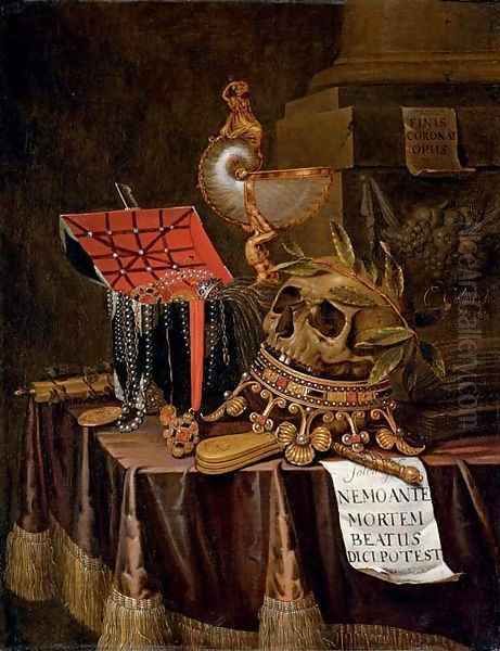 A vanitas still-life with a chest of jewels, a nautilus cup, an upturned crown and a skull resting on the top with a note Oil Painting by Edwart Collier