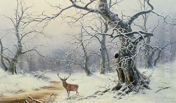 A Stag in a wooded landscape Oil Painting by Nils Hans Christiansen