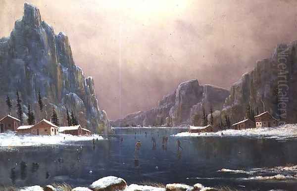 Figures Skating on a Lake Oil Painting by Nils Hans Christiansen