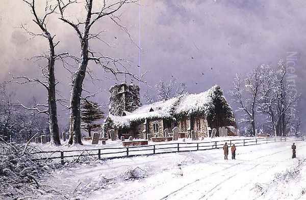 Winter Scene with Figures on a Path near a Church Oil Painting by Nils Hans Christiansen