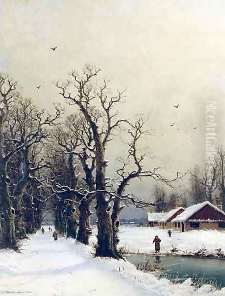 Winter scene Oil Painting by Nils Hans Christiansen