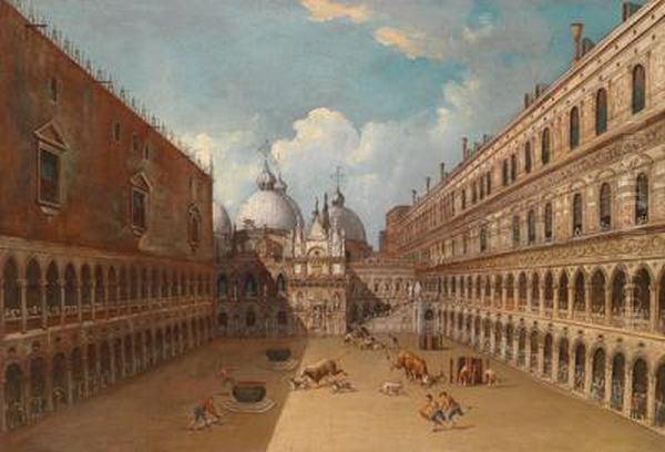 Stierkampf Im Innenhof Des Dogenpalastes In Venedig Oil Painting by Carlo Grubacs