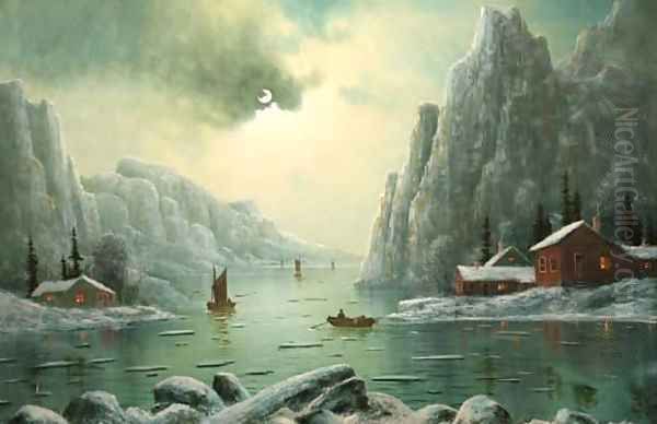 A winter fjord landscape Oil Painting by Nils Hans Christiansen