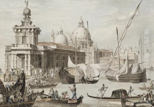 Vue De L'eglise De La Salute Et 
De La Pointe De La Dogana A Venise, Des Gondoles Au Premier Plan Oil Painting by Carlo Grubacs