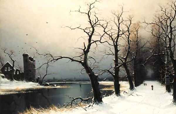 Figures on a snow covered track in a wooded river landscape Oil Painting by Nils Hans Christiansen