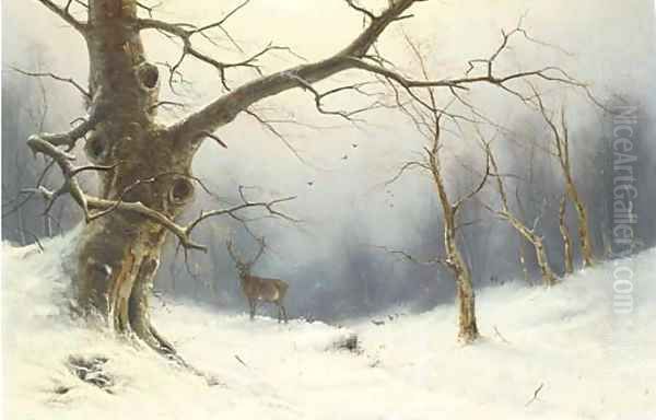 A stag in a winter landscape Oil Painting by Nils Hans Christiansen