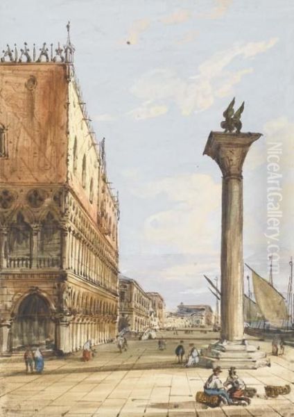 View Of The Riva Degli Schiavoni
 From The Piazzetta, Venice, Thedoges' Palace To The Left Oil Painting by Carlo Grubacs