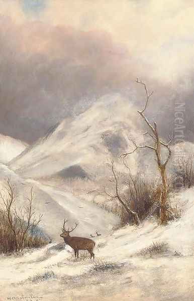 Deer in a winter landscape Oil Painting by Nils Hans Christiansen