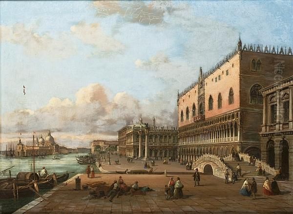 Figures In The Piazza San Marco With Santa Maria Della Salute Beyond Oil Painting by Carlo Grubacs