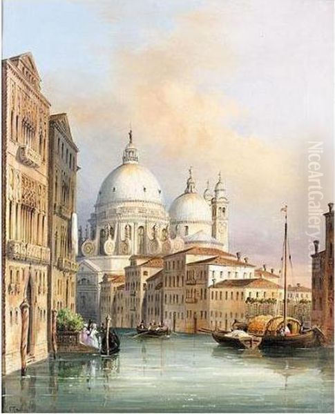 The Piazetta And Doges Palace; Santa Maria De La Salute From The Grand Canal Oil Painting by Carlo Grubacs