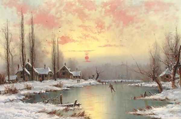 Skating at sunset Oil Painting by Nils Hans Christiansen