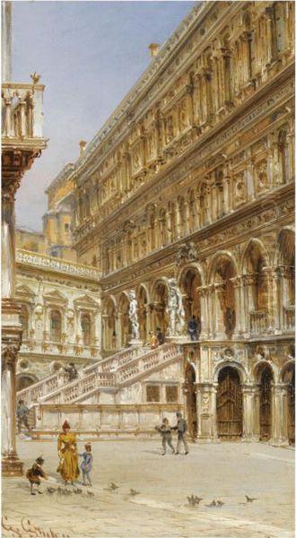 The Giants' Staircase In The Courtyard Of The Doge's Palace Oil Painting by Giovanni Grubacs