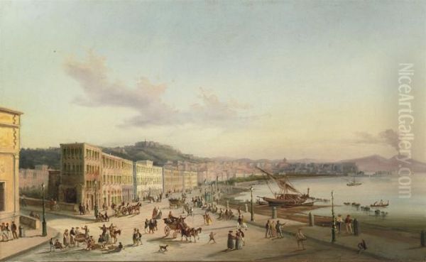 The Bay Of Naples With The Vesuvius Beyond Oil Painting by Giovanni Grubacs