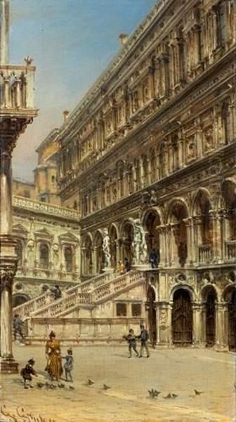 La Cour Interieure Du Palais Des Doges, Venise
 Huile Sur Panneau, Signee En Bas A Gauche Oil Painting by Giovanni Grubacs