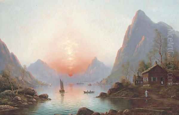 A fjord at sunset Oil Painting by Nils Hans Christiansen