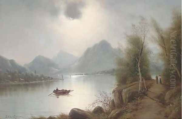 A lake by moonlight Oil Painting by Nils Hans Christiansen