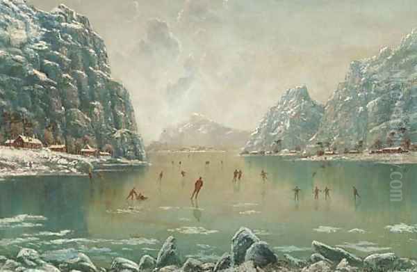 Figures skating on a frozen fjord Oil Painting by Nils Hans Christiansen