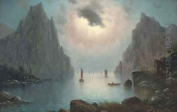 Vessels on a fjord by moonlight Oil Painting by Nils Hans Christiansen