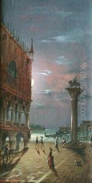 Venedig, Der Markusplatz Bei Mondschein, Mit Figurenstaffage Oil Painting by Giovanni Grubacs