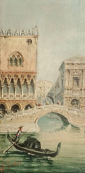 The Bridge Of Sighs; Piazzetta San Marco By Moonlight; A Gondola On The Lagoon Oil Painting by Giovanni Grubacs