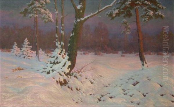 Arbres Sous La Neige : Effet De Soleilcouchant Oil Painting by Jan Grubinski