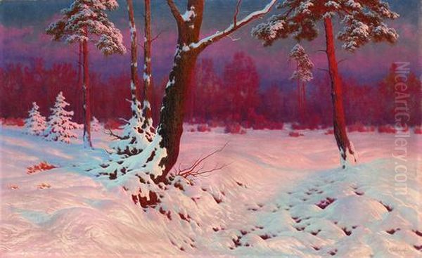 Abendliche Partie Im Winter. Oil Painting by Jan Grubinski